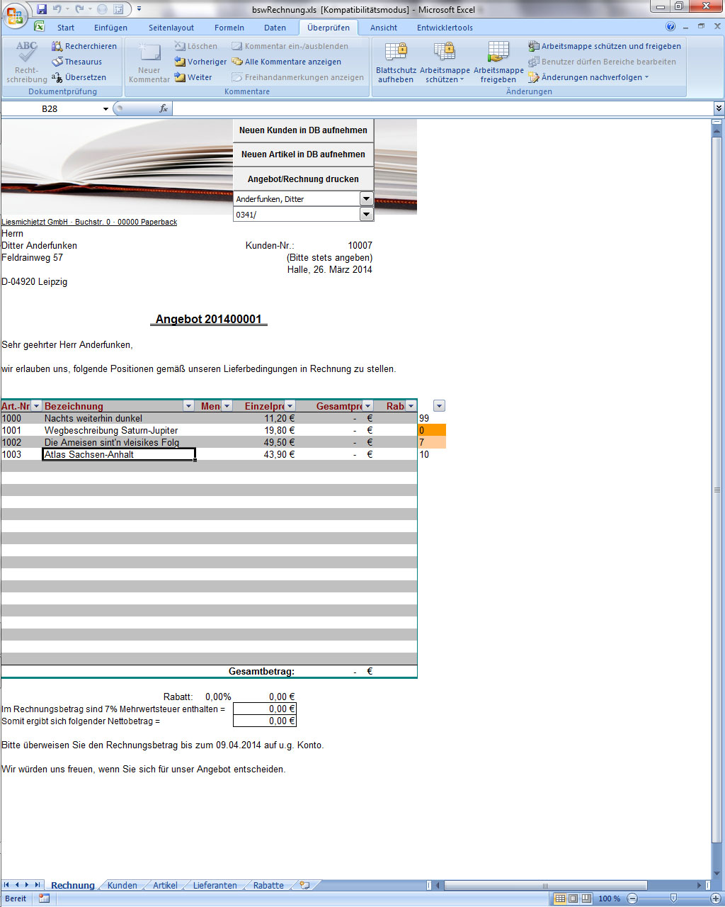 Rechnungsformular Für Excel Freeware Brandtsoftware